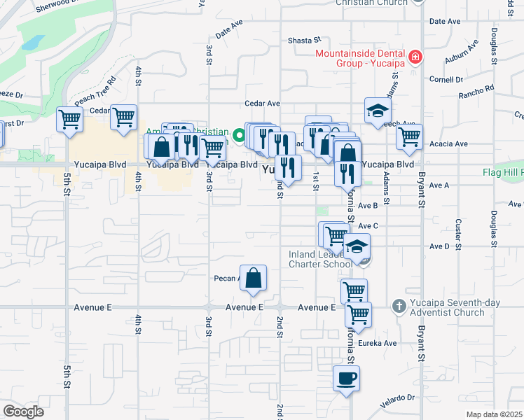 map of restaurants, bars, coffee shops, grocery stores, and more near 34847 Avenue B in Yucaipa