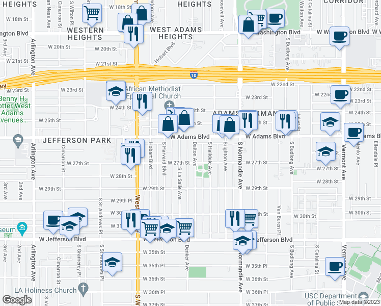 map of restaurants, bars, coffee shops, grocery stores, and more near 2637 Dalton Avenue in Los Angeles