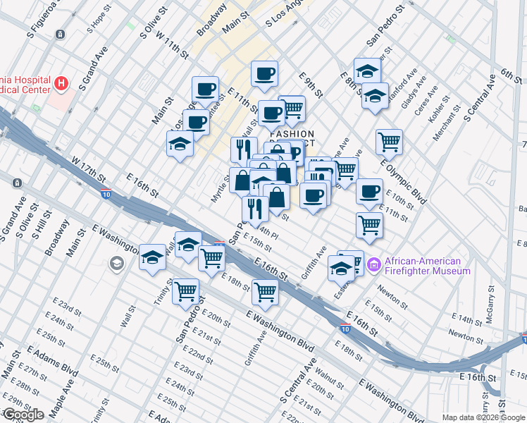 map of restaurants, bars, coffee shops, grocery stores, and more near 730e East 14th Street in Los Angeles