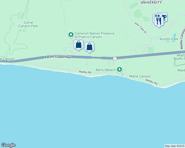 map of restaurants, bars, coffee shops, grocery stores, and more near 24942 Malibu Road in Malibu