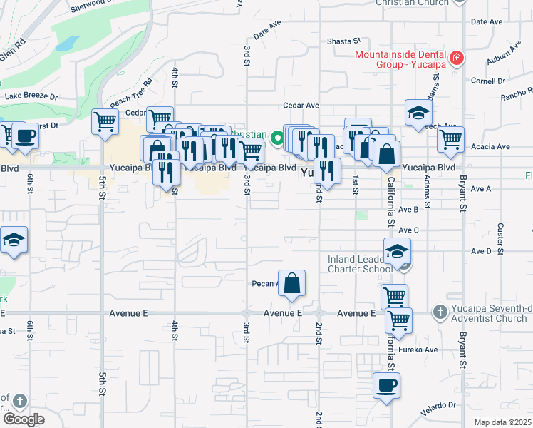 map of restaurants, bars, coffee shops, grocery stores, and more near 34759 Avenue B Court in Yucaipa