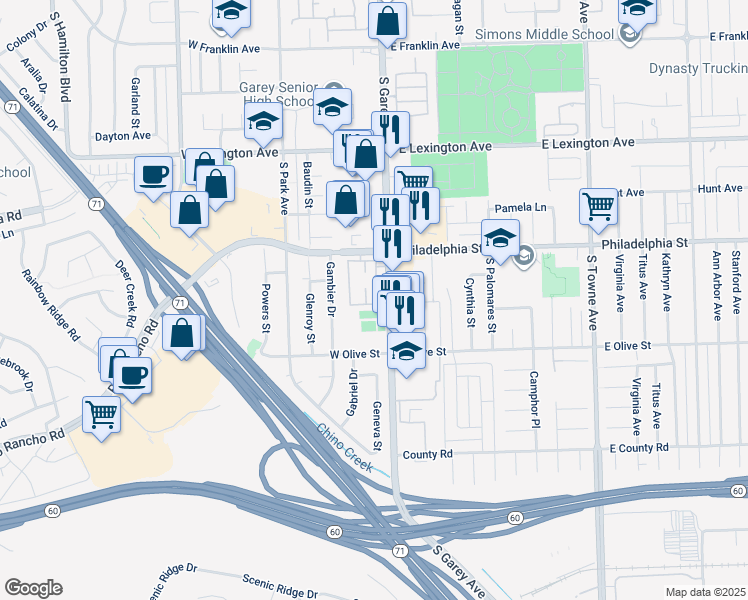 map of restaurants, bars, coffee shops, grocery stores, and more near Cumberland Lane in Pomona