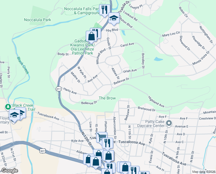 map of restaurants, bars, coffee shops, grocery stores, and more near 116 Helen Street in Gadsden