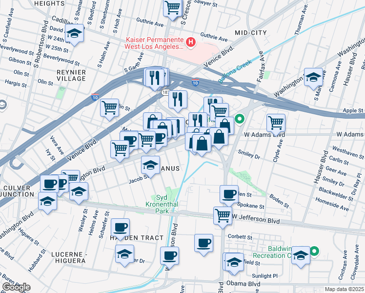 map of restaurants, bars, coffee shops, grocery stores, and more near 5963 Washington Boulevard in Culver City