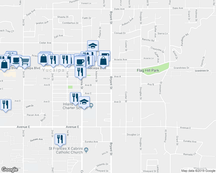 map of restaurants, bars, coffee shops, grocery stores, and more near 35279 Avenue B in Yucaipa