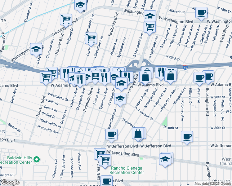 map of restaurants, bars, coffee shops, grocery stores, and more near 2626 South Orange Drive in Los Angeles