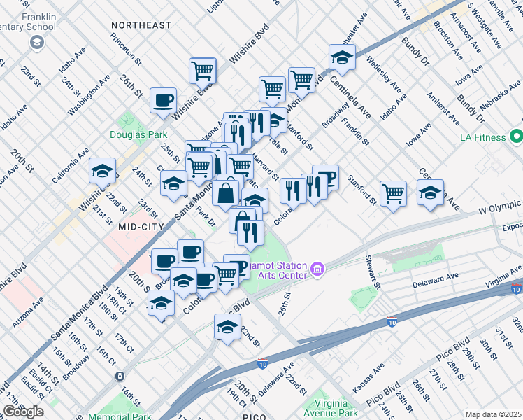 map of restaurants, bars, coffee shops, grocery stores, and more near 1524 Princeton Street in Santa Monica