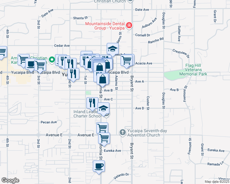 map of restaurants, bars, coffee shops, grocery stores, and more near 12224 Adams Street in Yucaipa