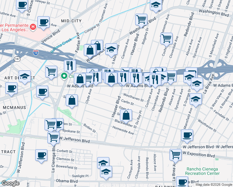 map of restaurants, bars, coffee shops, grocery stores, and more near 2635 Hauser Boulevard in Los Angeles