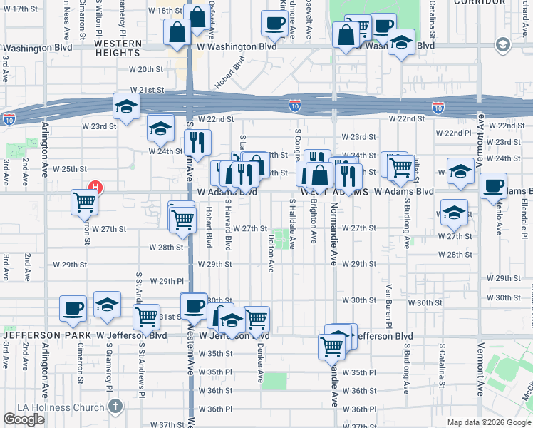 map of restaurants, bars, coffee shops, grocery stores, and more near 2637 Dalton Avenue in Los Angeles