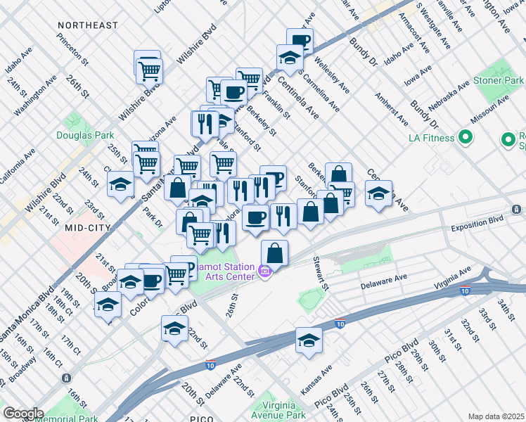 map of restaurants, bars, coffee shops, grocery stores, and more near 1630 Stewart Street in Santa Monica
