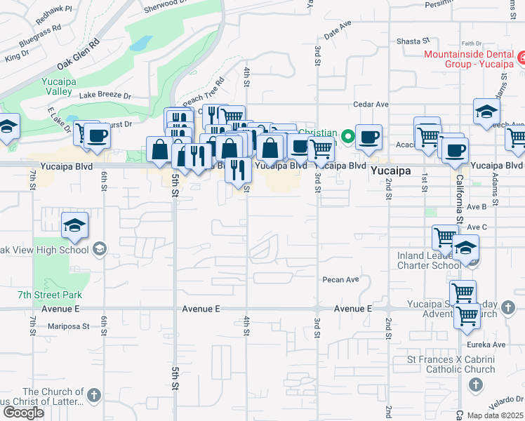map of restaurants, bars, coffee shops, grocery stores, and more near 34546 Avenue C in Yucaipa
