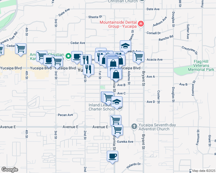 map of restaurants, bars, coffee shops, grocery stores, and more near 35022 Avenue B in Yucaipa