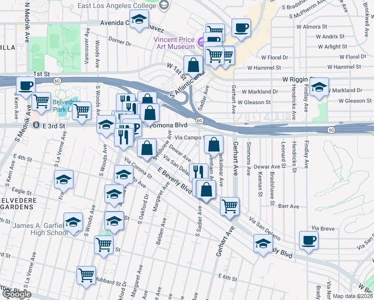 map of restaurants, bars, coffee shops, grocery stores, and more near 245 South Margaret Avenue in East Los Angeles