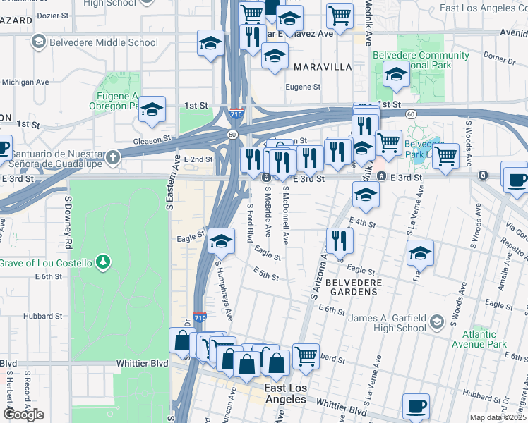map of restaurants, bars, coffee shops, grocery stores, and more near 347 South McBride Avenue in Los Angeles