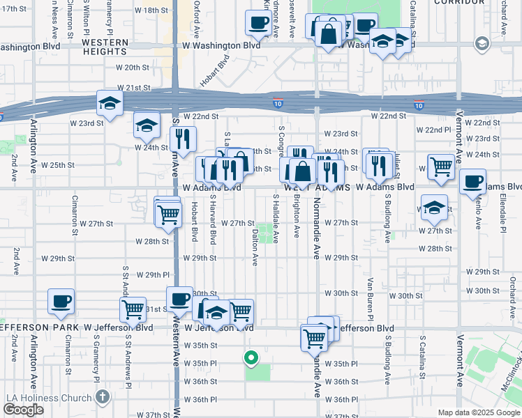 map of restaurants, bars, coffee shops, grocery stores, and more near 2634 Dalton Avenue in Los Angeles