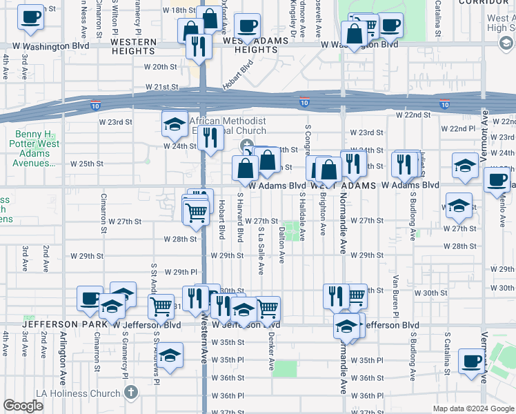 map of restaurants, bars, coffee shops, grocery stores, and more near 2622 South La Salle Avenue in Los Angeles