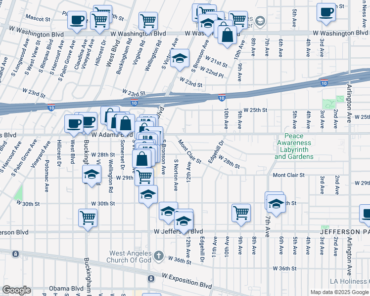 map of restaurants, bars, coffee shops, grocery stores, and more near 4225 Mont Clair Street in Los Angeles