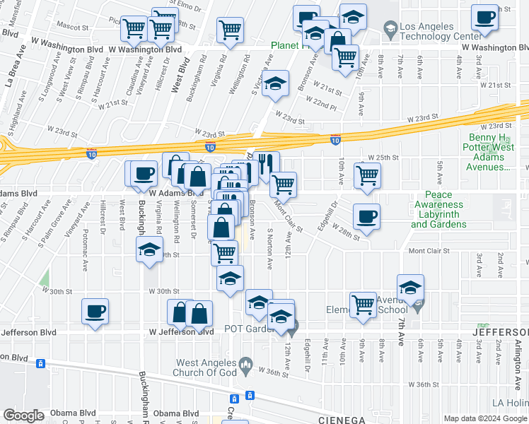 map of restaurants, bars, coffee shops, grocery stores, and more near 2616 South Bronson Avenue in Los Angeles