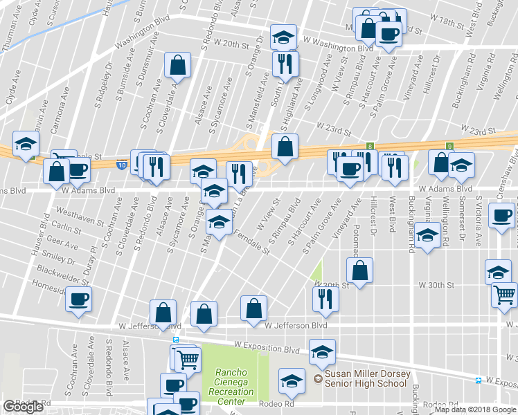 map of restaurants, bars, coffee shops, grocery stores, and more near 2622 South Longwood Avenue in Los Angeles