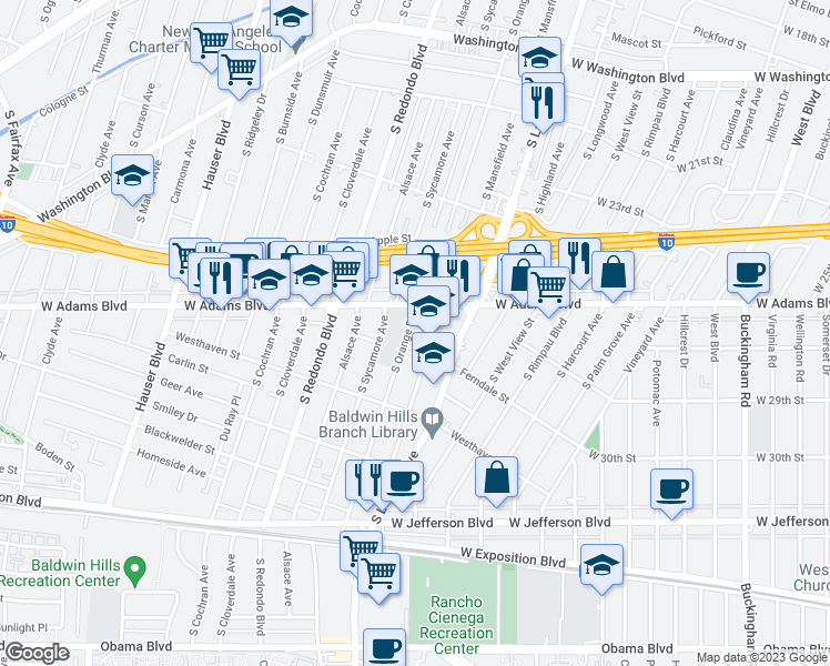 map of restaurants, bars, coffee shops, grocery stores, and more near 2610 South Orange Drive in Los Angeles