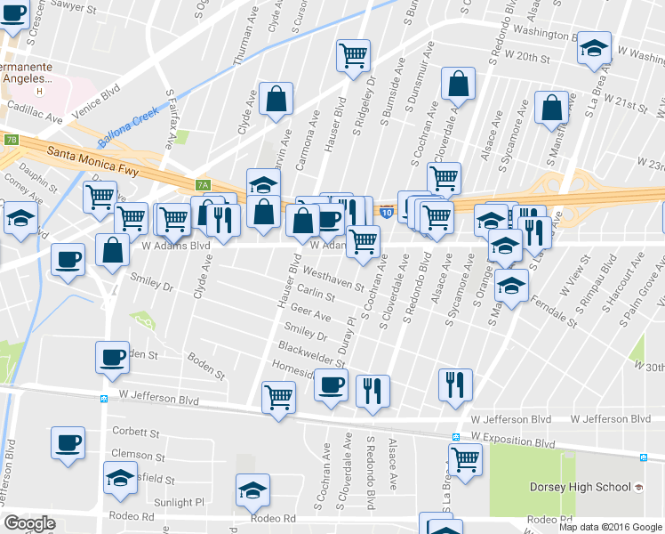 map of restaurants, bars, coffee shops, grocery stores, and more near 2616 South Burnside Avenue in Los Angeles