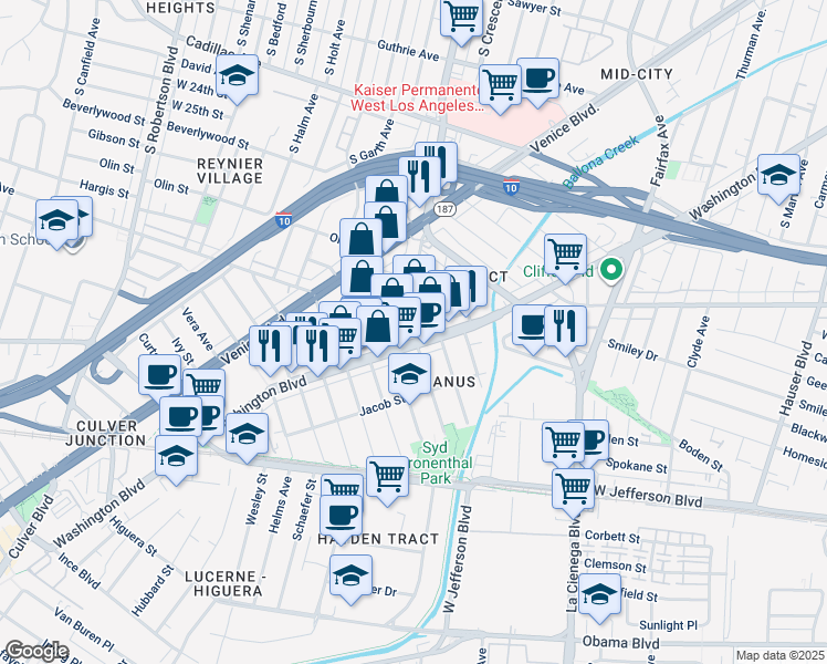 map of restaurants, bars, coffee shops, grocery stores, and more near 3212 La Cienega Avenue in Los Angeles