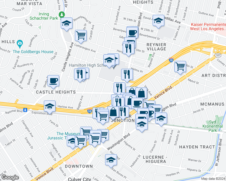 map of restaurants, bars, coffee shops, grocery stores, and more near 3119 Livonia Avenue in Los Angeles