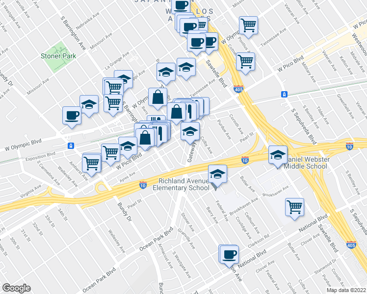 map of restaurants, bars, coffee shops, grocery stores, and more near 2424 Federal Avenue in Los Angeles