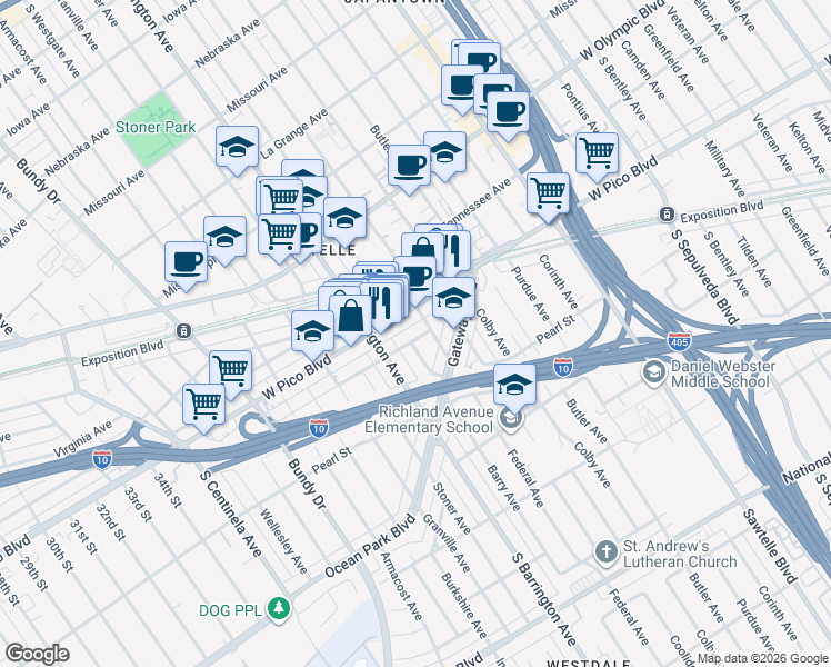 map of restaurants, bars, coffee shops, grocery stores, and more near 11646 West Pico Boulevard in Los Angeles