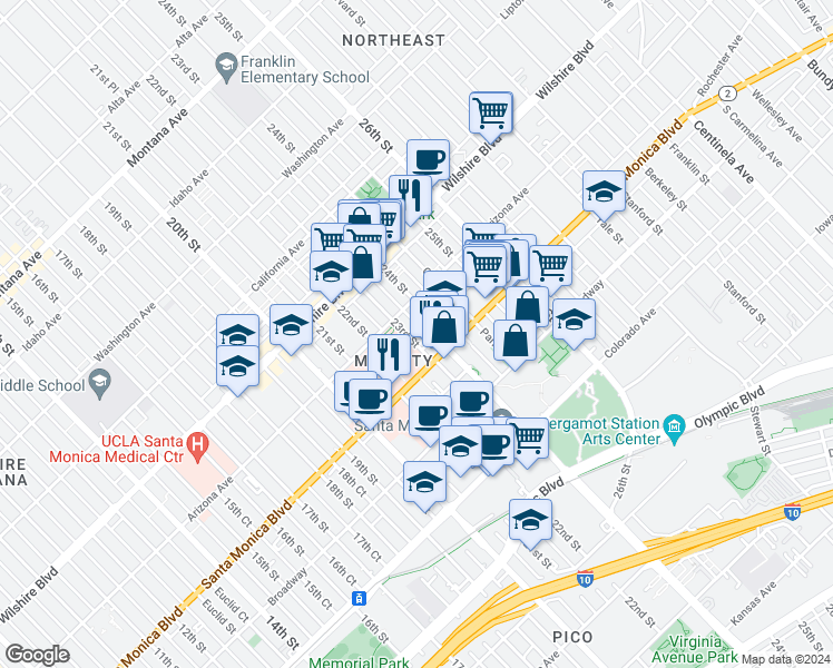 map of restaurants, bars, coffee shops, grocery stores, and more near 2401 Santa Monica Boulevard in Santa Monica