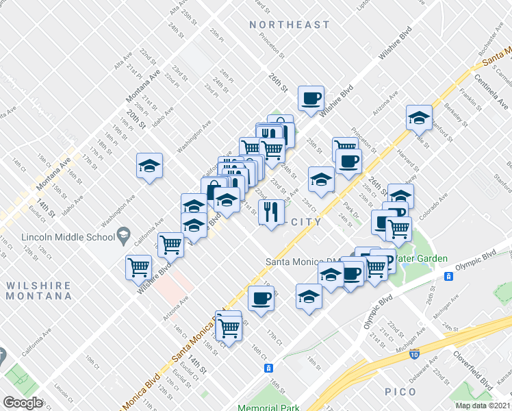 map of restaurants, bars, coffee shops, grocery stores, and more near 1233 22nd Street in Santa Monica