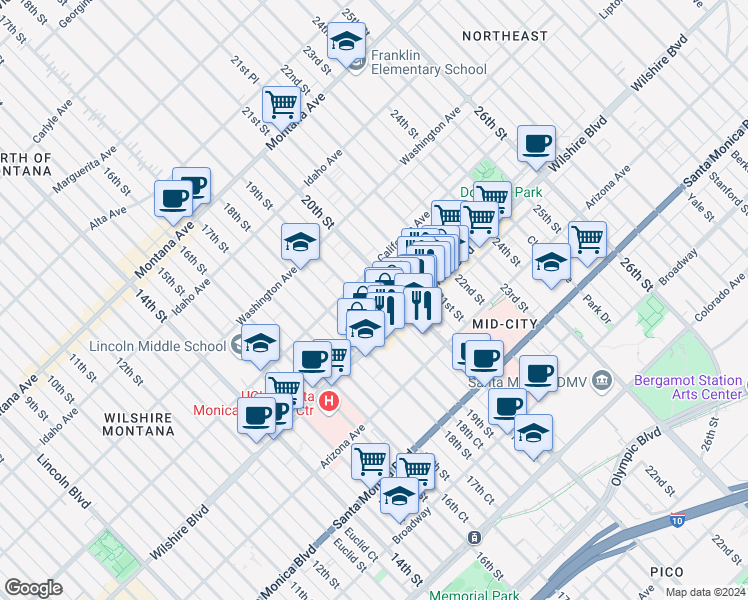 map of restaurants, bars, coffee shops, grocery stores, and more near 1107 19th Street in Santa Monica