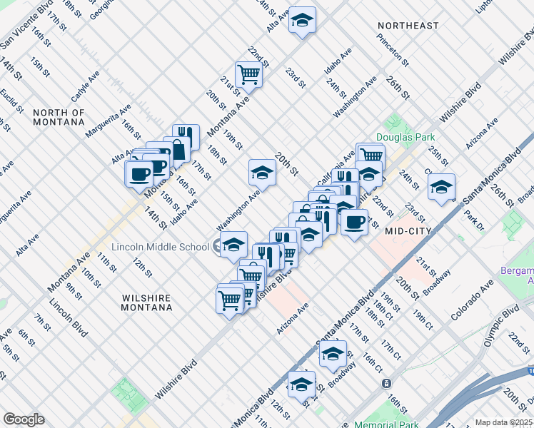 map of restaurants, bars, coffee shops, grocery stores, and more near 1014 18th Street in Santa Monica