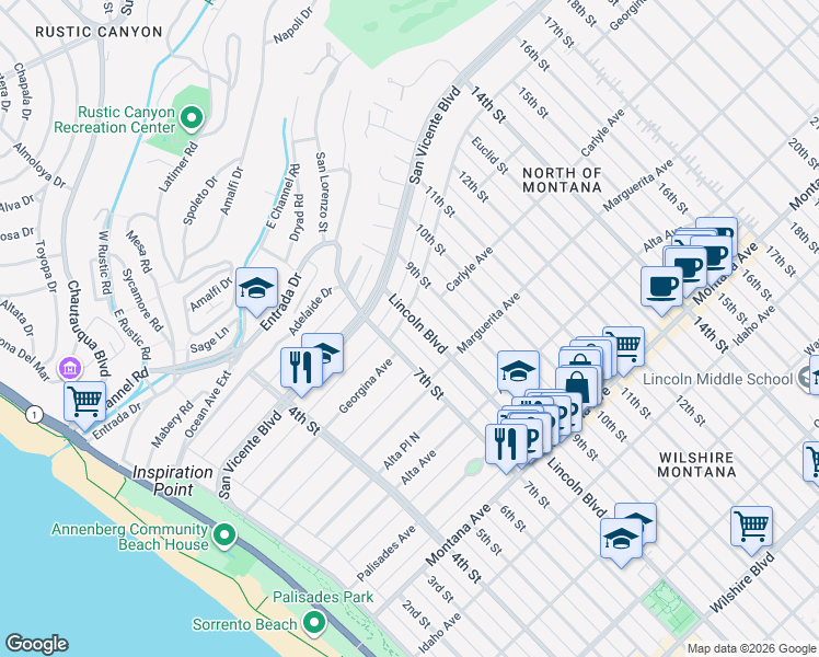 map of restaurants, bars, coffee shops, grocery stores, and more near 400 Lincoln Boulevard in Santa Monica