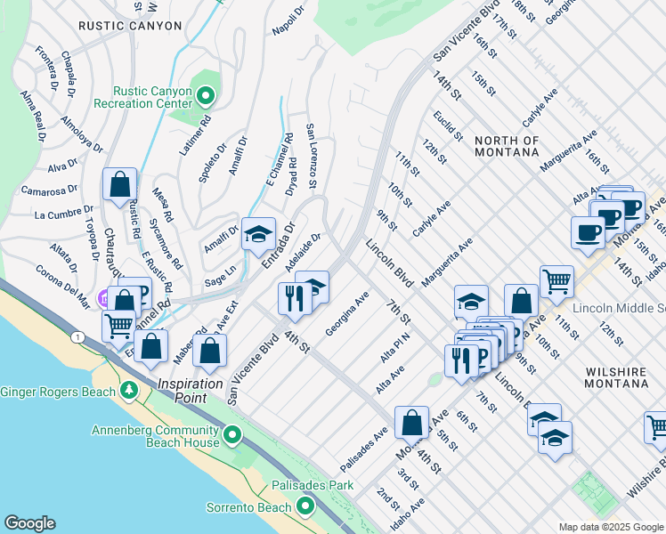 map of restaurants, bars, coffee shops, grocery stores, and more near 605 San Vicente Boulevard in Santa Monica