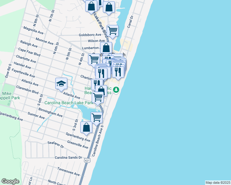 map of restaurants, bars, coffee shops, grocery stores, and more near 100 Hamlet Avenue in Carolina Beach