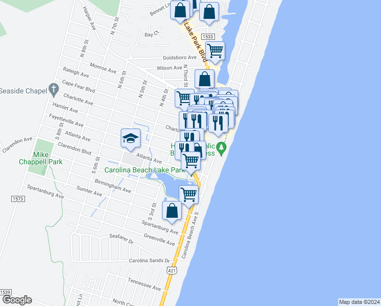map of restaurants, bars, coffee shops, grocery stores, and more near 108 South Lake Park Boulevard in Carolina Beach