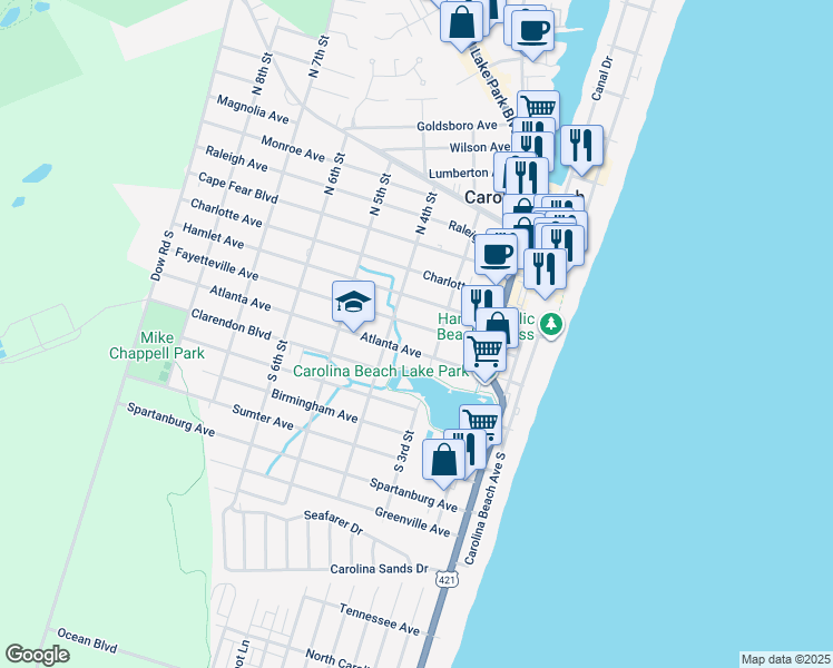 map of restaurants, bars, coffee shops, grocery stores, and more near 314 Fayetteville Avenue in Carolina Beach