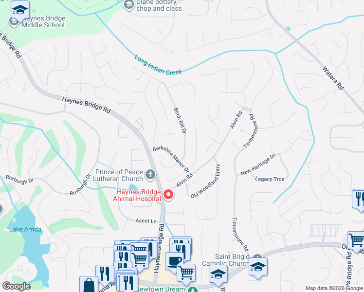 map of restaurants, bars, coffee shops, grocery stores, and more near 214 Birch Rill Drive in Alpharetta