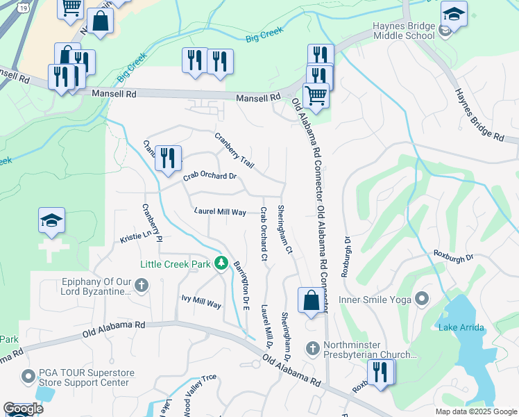map of restaurants, bars, coffee shops, grocery stores, and more near 710 Crab Orchard Court in Roswell