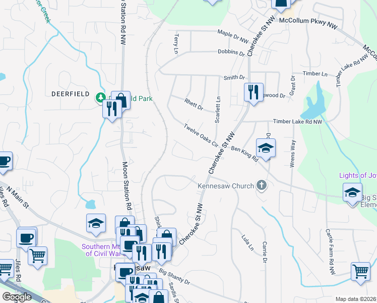 map of restaurants, bars, coffee shops, grocery stores, and more near 2024 Jebs Court in Kennesaw