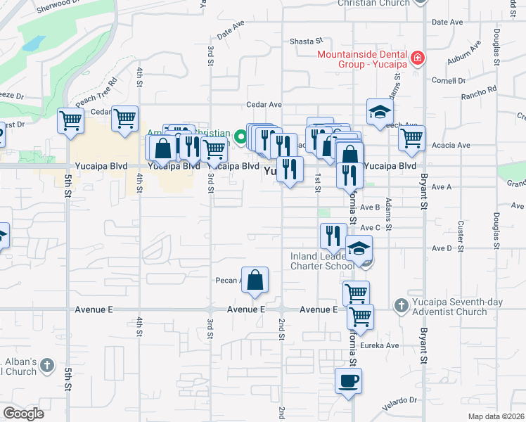 map of restaurants, bars, coffee shops, grocery stores, and more near 34847 Avenue B in Yucaipa