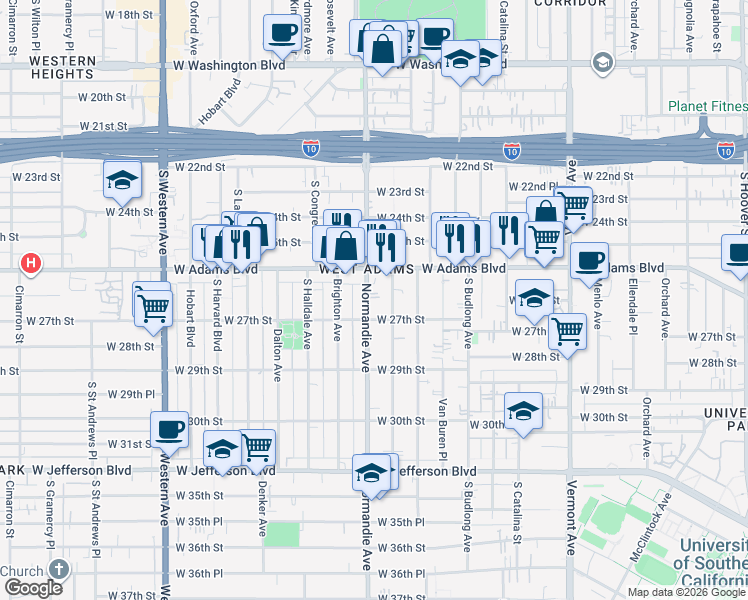 map of restaurants, bars, coffee shops, grocery stores, and more near 2636 Normandie Avenue in Los Angeles