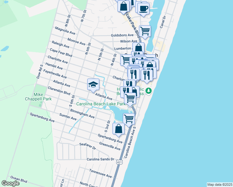 map of restaurants, bars, coffee shops, grocery stores, and more near 305 Fayetteville Avenue in Carolina Beach