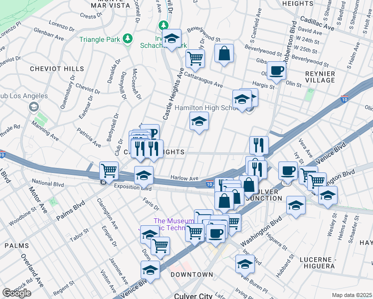 map of restaurants, bars, coffee shops, grocery stores, and more near 9501 National Boulevard in Los Angeles