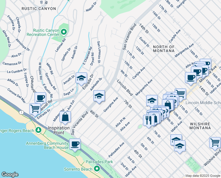map of restaurants, bars, coffee shops, grocery stores, and more near in Santa Monica