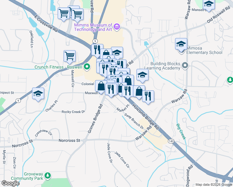 map of restaurants, bars, coffee shops, grocery stores, and more near 695 Holcomb Bridge Road in Roswell