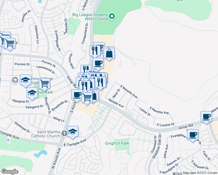 map of restaurants, bars, coffee shops, grocery stores, and more near 2425 South Nadine Street in West Covina