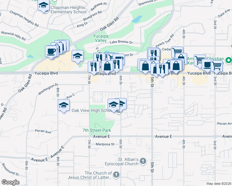 map of restaurants, bars, coffee shops, grocery stores, and more near 34072 Lily Road in Yucaipa